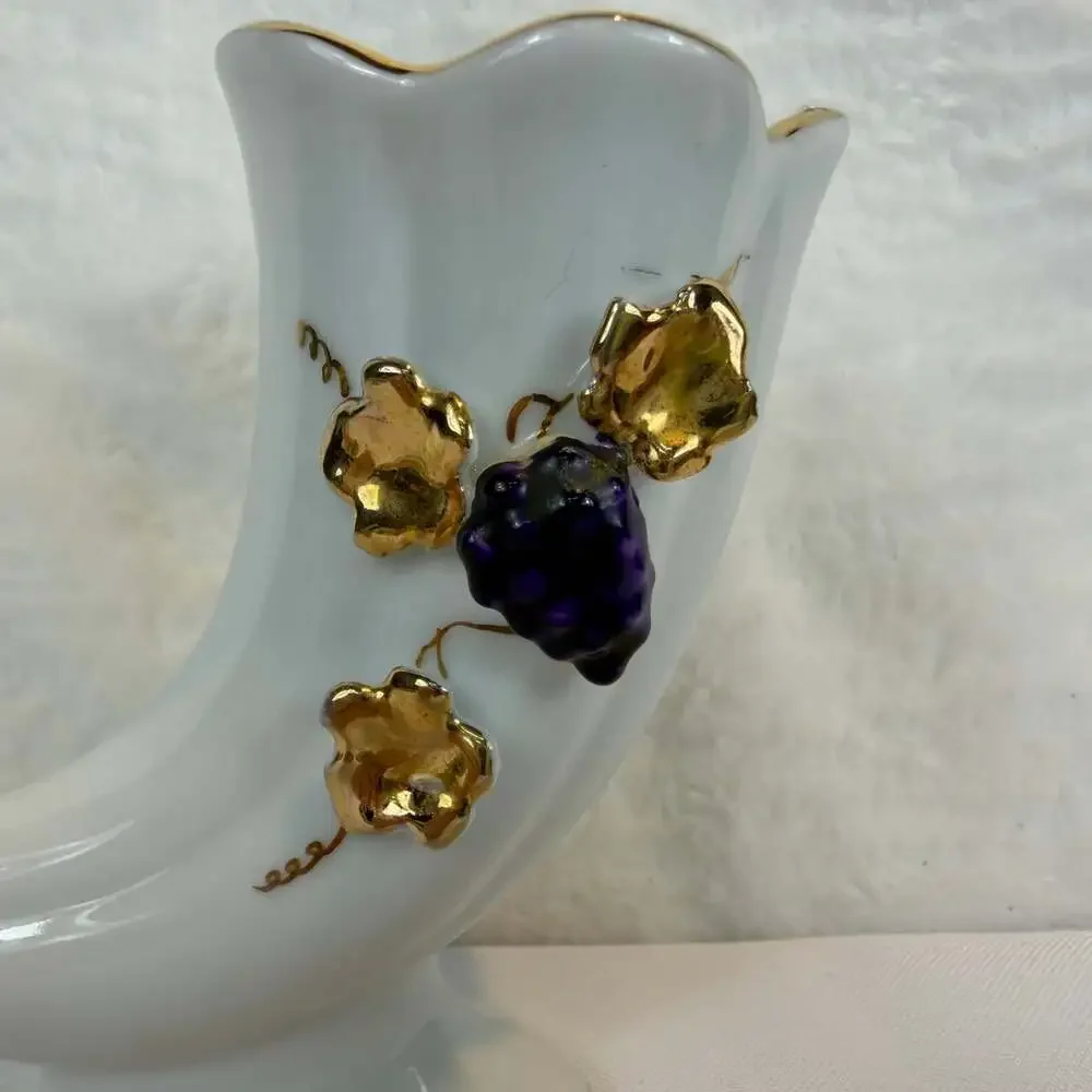 Small vintage porcelain cornucopia vase white w/ gold trim purple grapes 5”